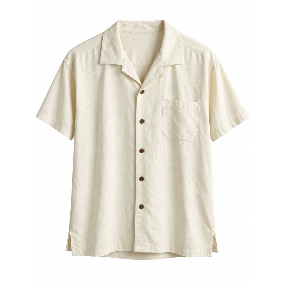 Tommy Bahama Men's Large 100% Silk Ivory Jacquard Hawaiian Camp Shirt